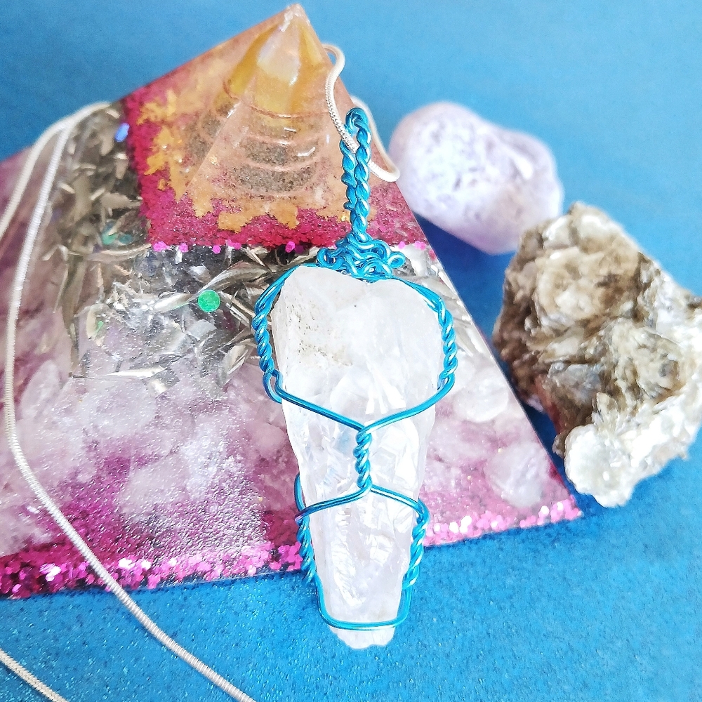 Large quartz crystal blue wire wrapped pendant 24" silver snake chain necklace